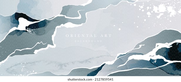 Resumen del fondo de la acuarela de montaña. Papel pintado japonés con una ola de arte lineal, azul oscuro y gris. Diseño oriental con olas y gotas para carteles, cubiertas, arte mural, decoración casera e invitación.