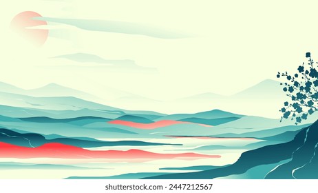 Abstractas paisaje montañoso con un estanque al estilo japonés