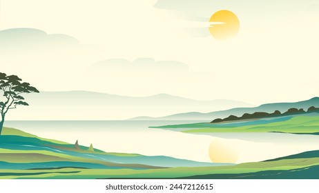 Abstract mountainous landscape with a Japan style pond