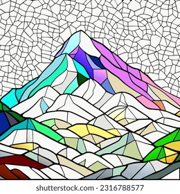 A abstract mountainous landscape made up of geometric mosaic shapes.
