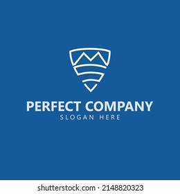 Abstract mountainous scenery within a shield vector logo. Line art logo within blue background. Suitable for outdoor activity related company, organization, product, and brand.