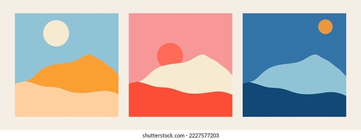 Abstract mountains. Aesthetic minimalist landscape with desert, mountains, sun and moon. Flat cartoon style, vector poster set. Mountain landscape illustration, travel minimal art scene.