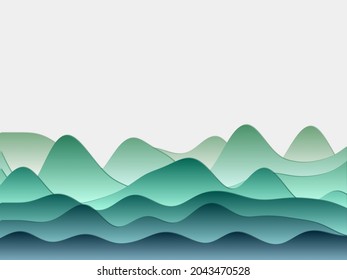 Abstract mountains background. Curved layers in blue-green colors. Papercut style hills. Attractive vector illustration.