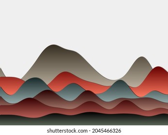 Resumen del fondo de las montañas. Capas curvadas de colores marrones oscuros. Colinas estilo Papercut. Ilustración vectorial vibrante.