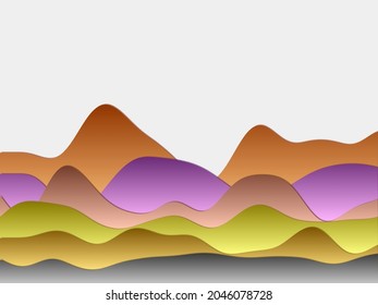 Abstract mountains background. Curved layers in colorful colors. Papercut style hills. Powerful vector illustration.