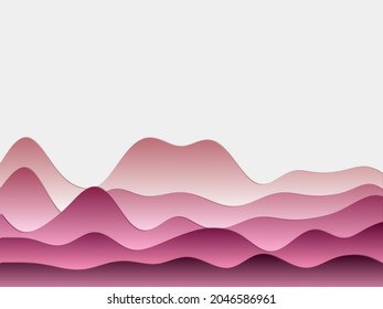 Abstract mountains background. Curved layers in dark pink colors. Papercut style hills. Captivating vector illustration.