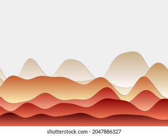 Abstract mountains background. Curved layers in orange red colors. Papercut style hills. Vibrant vector illustration.