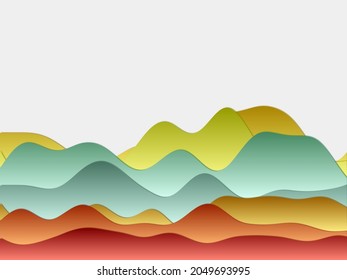 Abstract mountains background. Curved layers in bright contrast colors. Papercut style hills. Attractive vector illustration.
