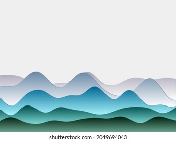 Abstract mountains background. Curved layers in purple, blue, and green colors. Papercut style hills. Awesome vector illustration.