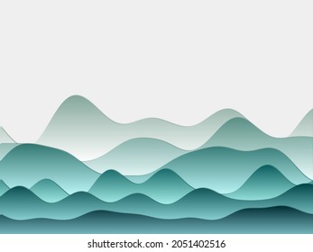 Abstract mountains background. Curved layers in mint colors. Papercut style hills. Neat vector illustration.