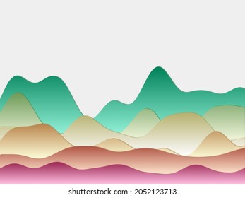 Abstract mountains background. Curved layers in teal and pink colors. Papercut style hills. Captivating vector illustration.