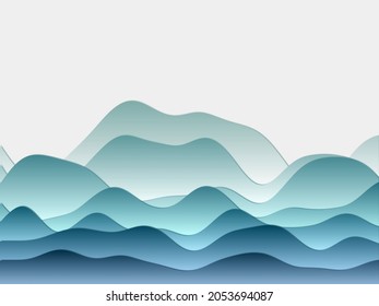 Abstract mountains background. Curved layers in teal colors. Papercut style hills. Authentic vector illustration.