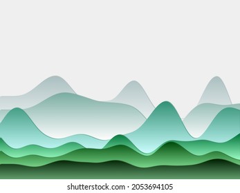Abstract mountains background. Curved layers in blue and green colors. Papercut style hills. Modern vector illustration.