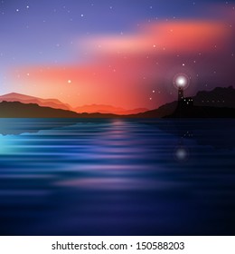 abstract mountains background with lighthouse and stars