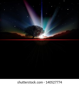 abstract mountains background with sunrise and silhouette of tree