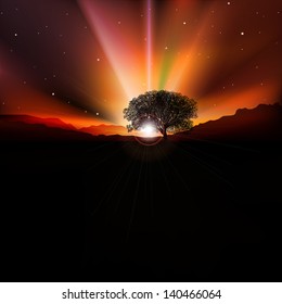 abstract mountains background with sunrise and tree