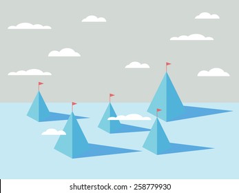 Abstract mountains backgrounds with flags on tops. Business concept of success, goals, objectives, targets. Eps10 vector illustration