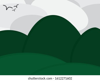Abstract Mountains, Birds and Clouds Green Gray Background