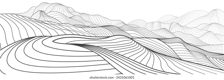 Montañas abstractas. Ilustración de contorno negro sobre fondo blanco. Arte de línea. Paisaje de colinas. Diseño vectorial 