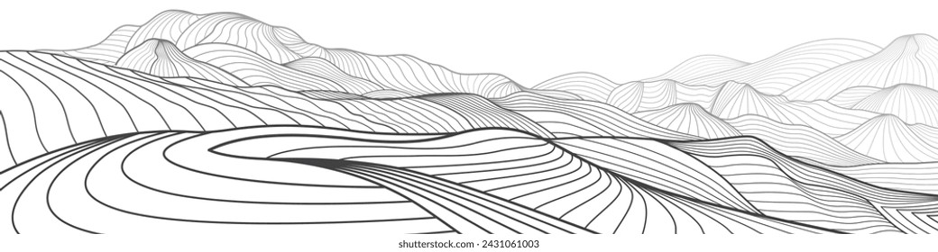 Abstract Mountains. Black outline illustration on white background. Line art. Hills landscape. Vector design 