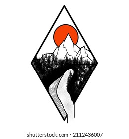 abstract mountains dense trees big moon orange moon hand drawn