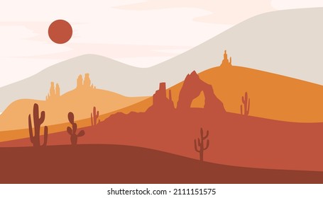 Abstract Mountains Desert Sunset. Texas Landscape. Vector Illustration. Wild West
