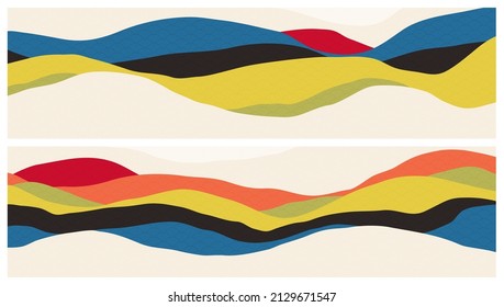 Abstract mountains and forest at sunset. Stylish Japanese landscape with wave pattern. Asian style vector template for backgrounds of website header or invitation card