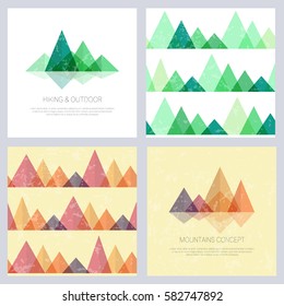 Abstract mountains in geometric style. Set of stylish outdoor card templates and seamless patterns. Vector backgrounds for business cards, greetings, prints, web design, invitations and banners. 