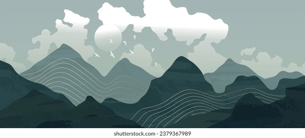 Montañas abstractas y fondo de arte de la línea vector de oro. Acuarela con oro, paisaje verde, montañas, pájaros sobre colinas con nubes y sol. Diseño artístico de paredes para decoración casera, papel pintado, huellas.