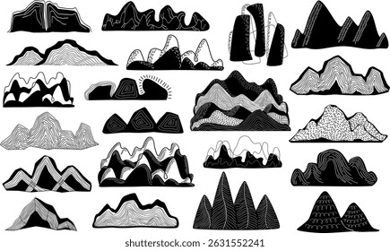 abstract mountains and hills graphic set, isolated vector illustration 