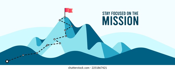 Abstract mountains illustration with flag and road to peak illustration
