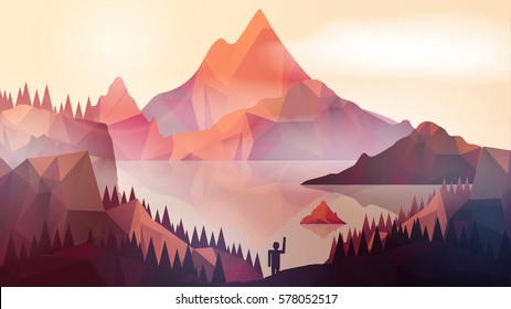 Abstract  Mountains with Lake and Pine Forest , Person in Foreground - Vector Illustration