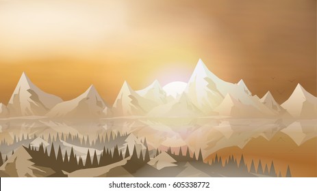 Abstract  Mountains with Lake and Pine Forest - Vector Illustration