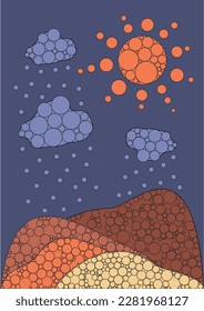 Abstract mountains landscape. Mountains, sun and rain. Ornamental texture with circles. Japanese style.