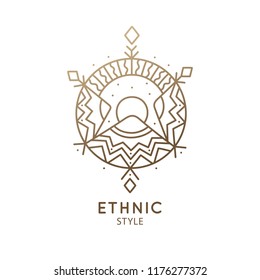 Abstract mountains logo. Vector geometric badge. Sacred decorative symbol of sun. Outline icon of landscape - business emblem for design cards, alchemy, zen, ecology, religion concepts, yoga Center.