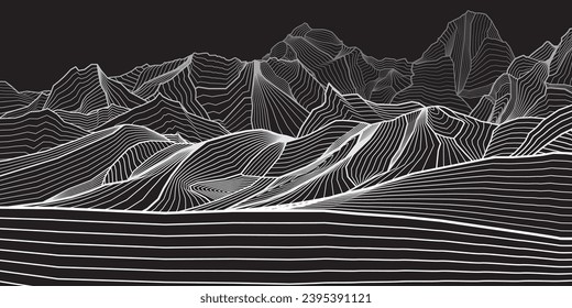 Abstract mountains outline illustration. Dark night landscape. Himalayas. Snow hills. White line on black background. Vector design art