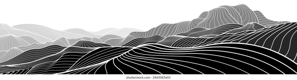 Abstract mountains outline illustration. Dark night landscape. Himalayas. Sunset in snow hills. White line on black background. Vector design art