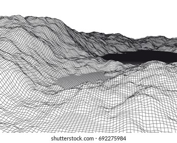 Abstract mountains range mesh background. 3D terrain grid isolated.