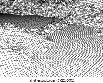 Abstract mountains range mesh background. 3D terrain grid isolated.
