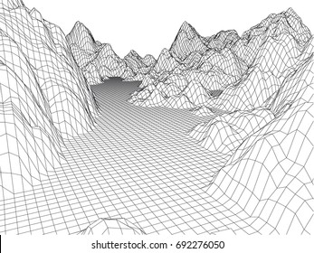Abstract mountains range mesh background. 3D terrain grid isolated.