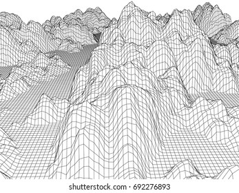 Abstract mountains range mesh background. 3D terrain grid isolated.