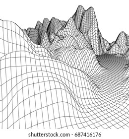 Abstract mountains range mesh blue background. 3D terrain grid.