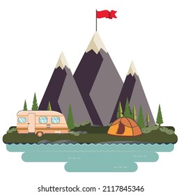 Resumen de montañas con bandera roja en la parte superior, colinas verdes y camping, ilustración del paisaje.