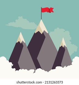 Abstract mountains with red flag on top illustration.