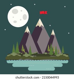 Abstract mountains with red flag on top and green hills, landscape illustration.