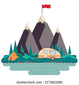 Abstract mountains with red flag on top, green hills and camping, landscape illustration.