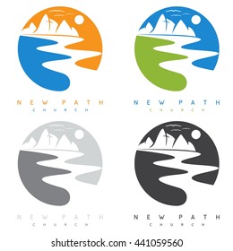 abstract mountains and river in new path church concept vector labels