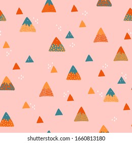 Abstract mountains seamless pattern. Cute geometric and doodle mountain background. Vector illustration in nordic style for textile, wallpaper, surface design