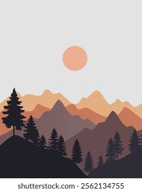 Abstract mountains vertical landscape with silhouette trees background.Vector Illustration poster background