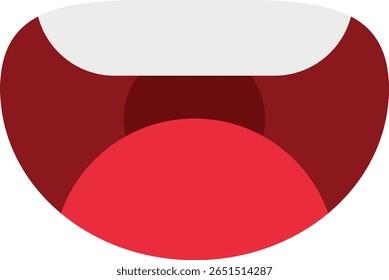 Abstract mouth illustration with curved red tongue, dark red interior, and white upper section suggesting teeth or gums, outlined in black for bold graphic expression
